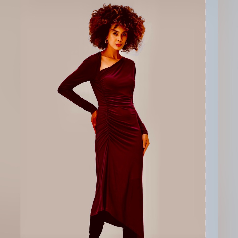 The Drop NWT Asymmetrical One Shoulder Cut-Out Rushed Jersey Rhubard MaxiDress L